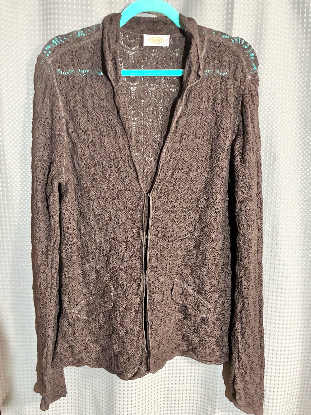 Vintage Talbots L Brown Crochet Openwork Cardigan Sweater Hook Eye Cottagecore